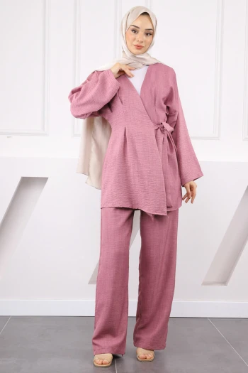 Gül Kurusu Çapraz Bağlamalı Keten Kimono Pantolon Takım