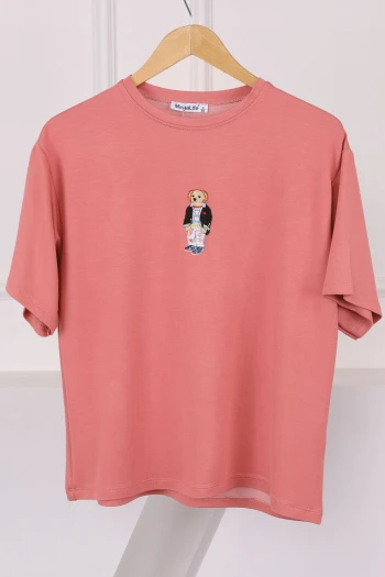 Gül Kurusu Nakışlı Modal Kısa Kol  T-Shirt