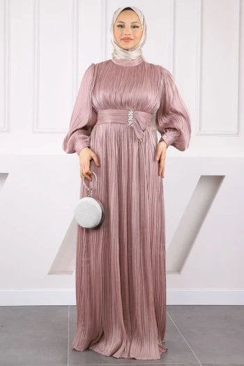 Gül Kurusu Piliseli Taşlı Şifon Abiye