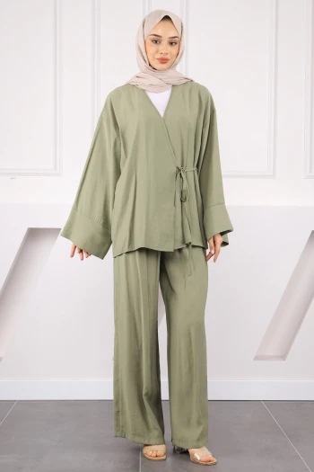 Haki Bel Bağlamalı Modal Kimono Pantolonlu Takım