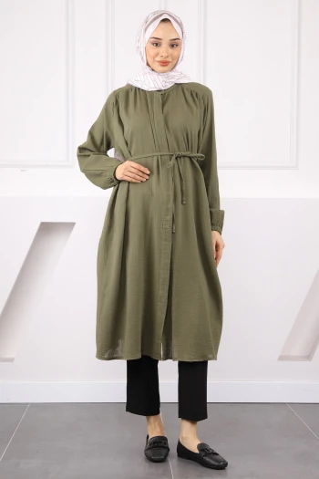 Haki Bel İpli Keten Tunik