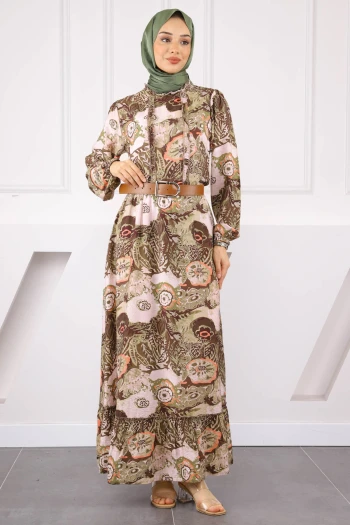 Haki Bel Kemerli Desenli Elbise
