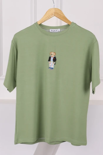 Haki Nakışlı Modal Kısa Kol  T-Shirt
