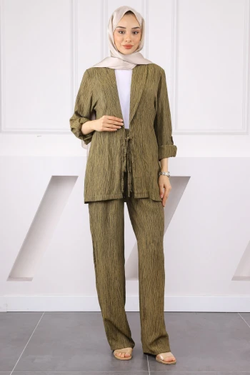 Haki Ön Bağlamalı Kimono Pantolonlu Takım