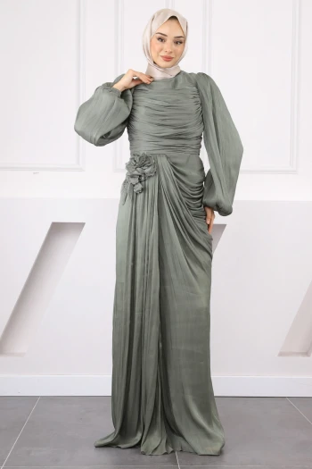 Haki Önü Drapeli Gül Detaylı Abiye