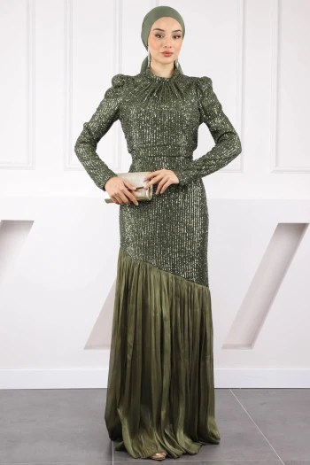 Haki Payetli Eteği Piliseli Abiye