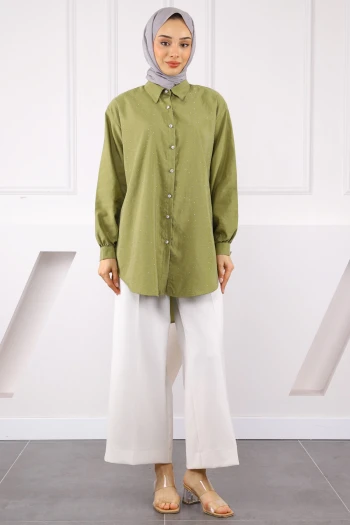 Haki Taşlı Düğmeli Modal Gömlek