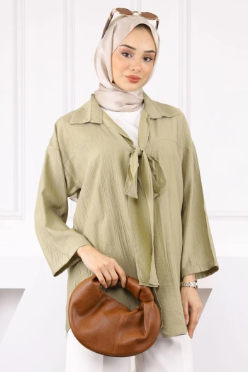 Haki Yan Bağlamalı İçlikli Kimono