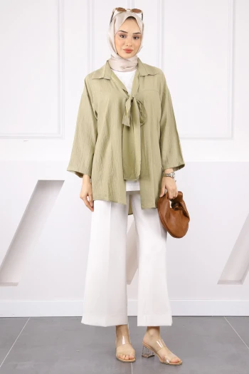 Haki Yan Bağlamalı İçlikli Kimono