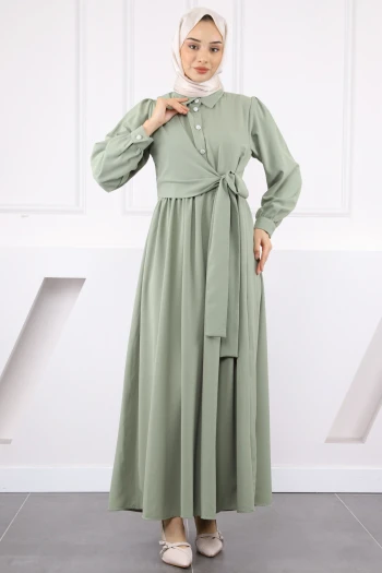 Haki Yan Bağlamalı Linda Elbise