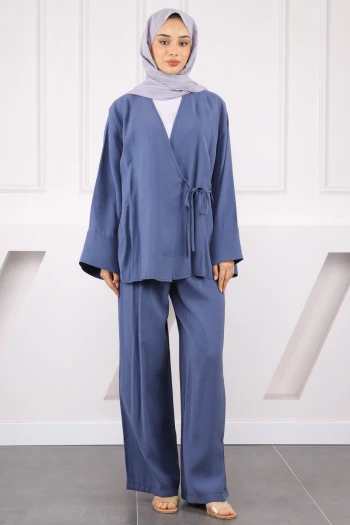 İndigo Bel Bağlamalı Modal Kimono Pantolonlu Takım