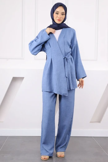 İndigo Çapraz Bağlamalı Keten Kimono Pantolon Takım