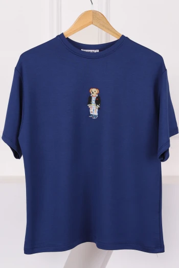 İndigo Nakışlı Modal Kısa Kol  T-Shirt