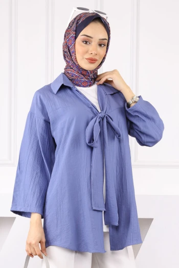 İndigo Yan Bağlamalı İçlikli Kimono