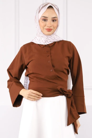 Kahve Bel Bağlamalı Gömlek