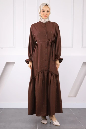 Kahve Eteği Büzgülü Beli Kuşaklı Linda Elbise