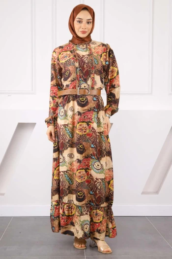 Kahverengi Bel Kemerli Desenli Elbise