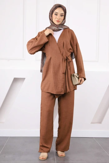 Kahverengi Çapraz Bağlamalı Keten Kimono Pantolon Takım