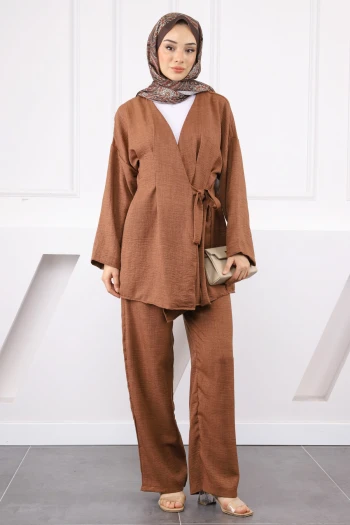 Kahverengi Çapraz Bağlamalı Keten Kimono Pantolon Takım