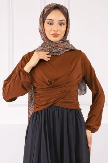 Kahverengi Çapraz Drape Detaylı Sandy Bluz