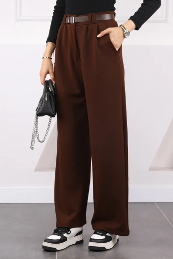 Kahverengi Çift Pileli Kemerli Likralı Palazzo Pantolon