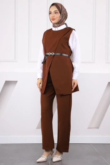 Kahverengi Omuz Düğmeli Yelek PantolonluTakım