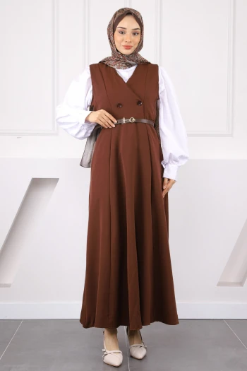 Kahverengi Önü Düğmeli Kemerli Jile Elbise