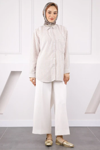 Kahverengi Tek Cepli Çizgili Gömlek