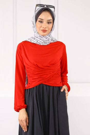 Kırmızı Çapraz Drape Detaylı Sandy Bluz