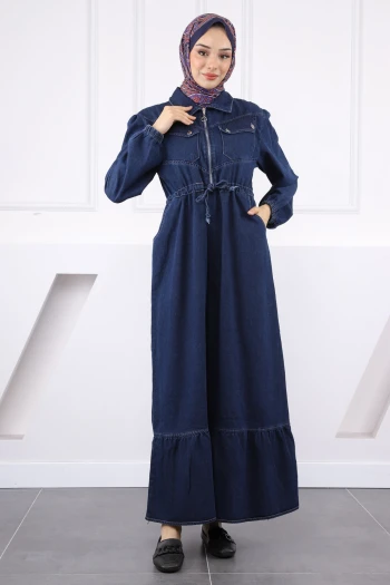 Koyu Mavi Bel Bağlamalı Ön Fermuarlı Kot Elbise