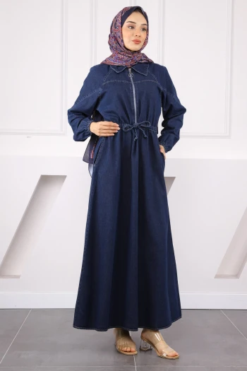 Koyu Mavi Ön Fermuarlı Bel Büzgülü Kot Elbise