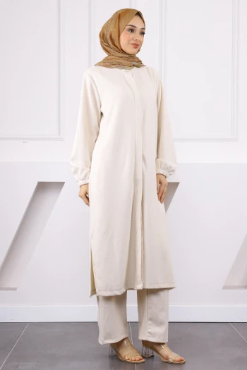 Krem Fitilli Pantolonlu Tunik Takım