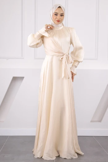Krem Yan Bağlamalı Kol Detaylı Abiye