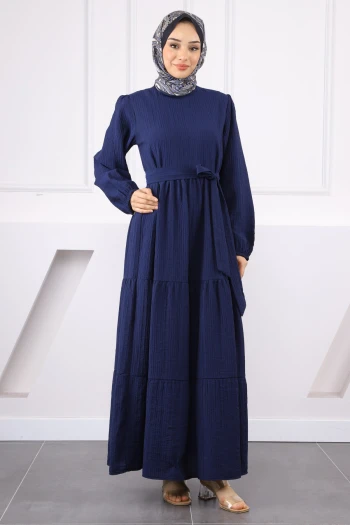 Lacivert Bel Kuşaklı Gofralı Fırfırlı Elbise