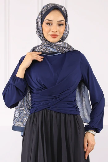 Lacivert Çapraz Drape Detaylı Sandy Bluz