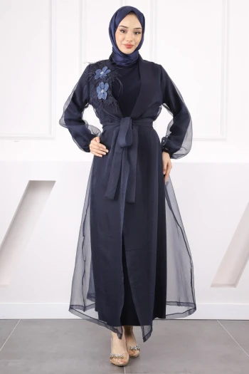 Lacivert Çiçek Detaylı Kuşaklı Abaya