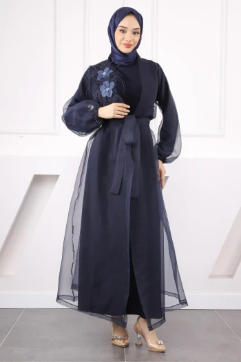 Lacivert Çiçek Detaylı Kuşaklı Abaya