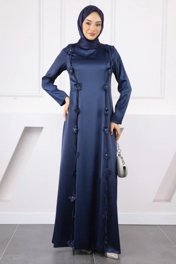 Lacivert Çiçek Detaylı Saten Abiye