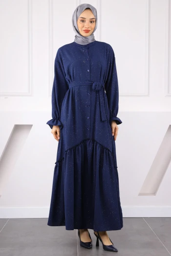 Lacivert Eteği Büzgülü Beli Kuşaklı Linda Elbise