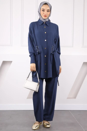 Lacivert Kolu Ve Beli Bağcıklı Modal Tunik Pantolonlu Takım