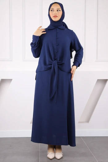Lacivert Ön Bağlamalı Gömlek Etekli Takım