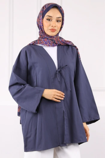 Lacivert Ön Bağlamalı Kimono