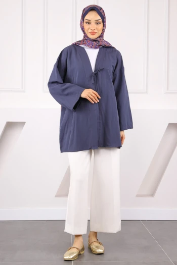 Lacivert Ön Bağlamalı Kimono