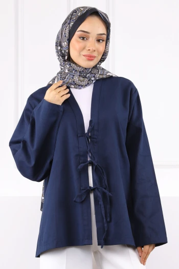 Lacivert Ön Bağlamalı Kimono