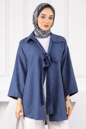 Lacivert Ön Bağlamalı Kimono