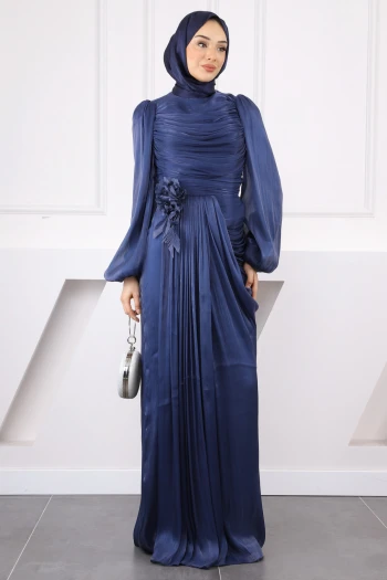 Lacivert Önü Drapeli Gül Detaylı Abiye