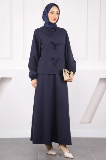 Lacivert Önü Fiyonklu Krep Bluz Etekli Takım