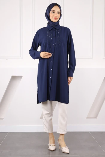 Lacivert Önü Taş Detaylı Linda Tunik