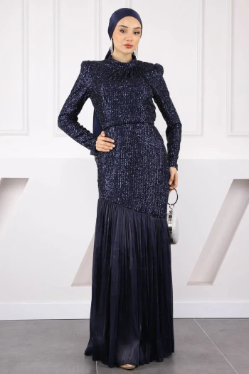 Lacivert Payetli Eteği Piliseli Abiye