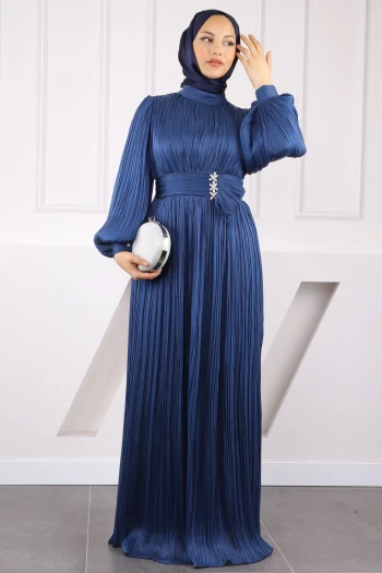 Lacivert Piliseli Taşlı Şifon Abiye